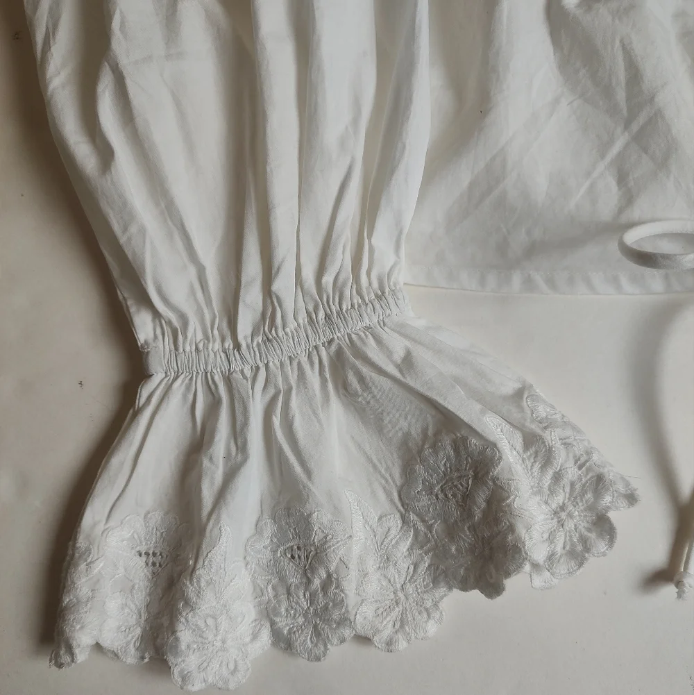 Maeve White Ruffled V-Neck Drawstring Blouse
